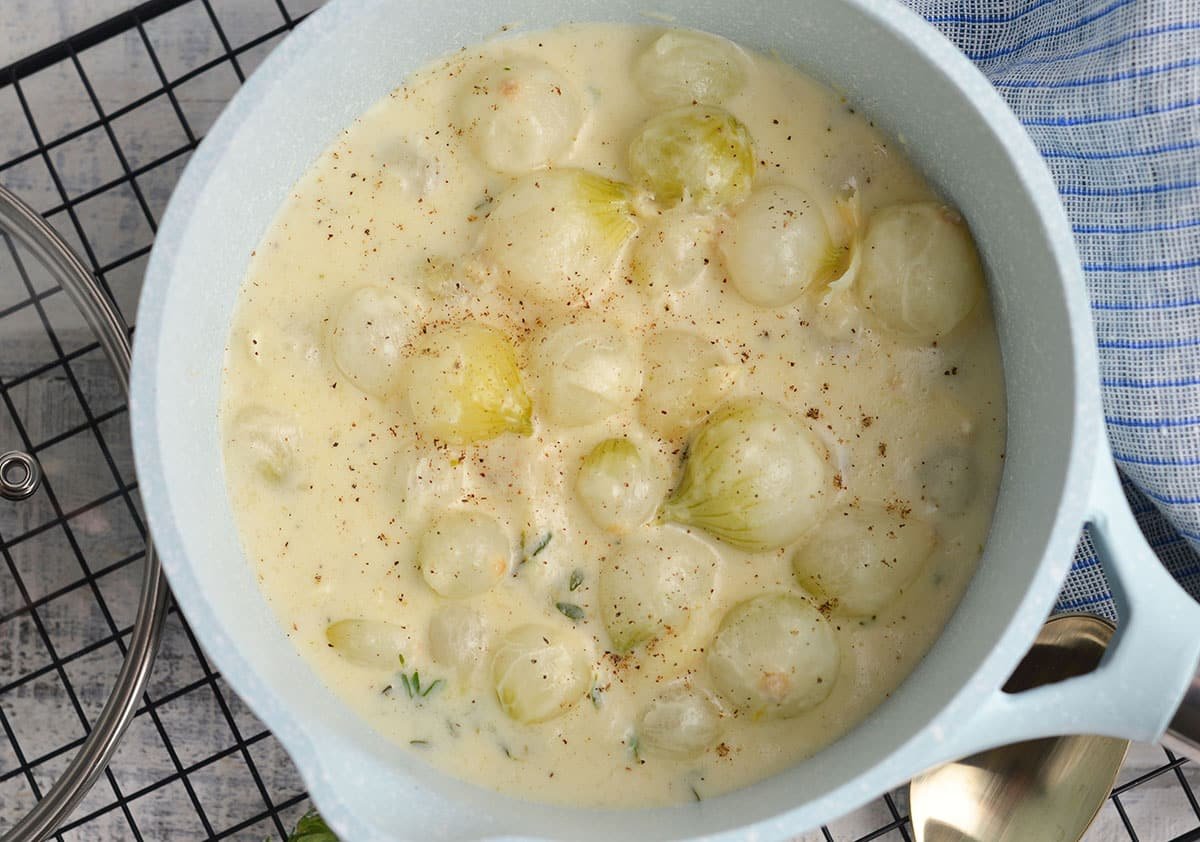 creamed onions in a pot