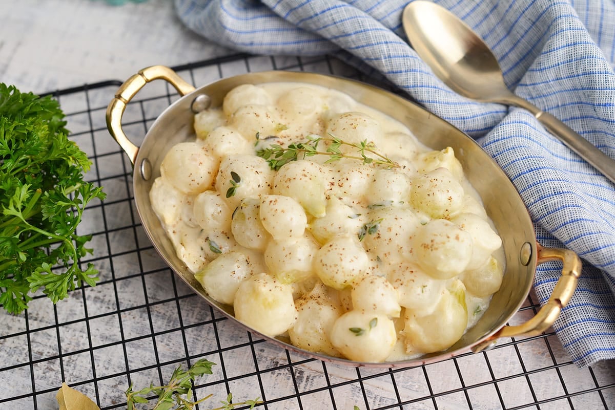 angled shot of creamed onions