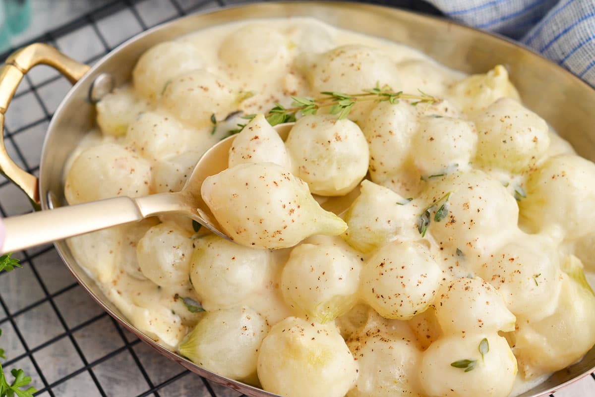 spoon in serving dish of creamed onions