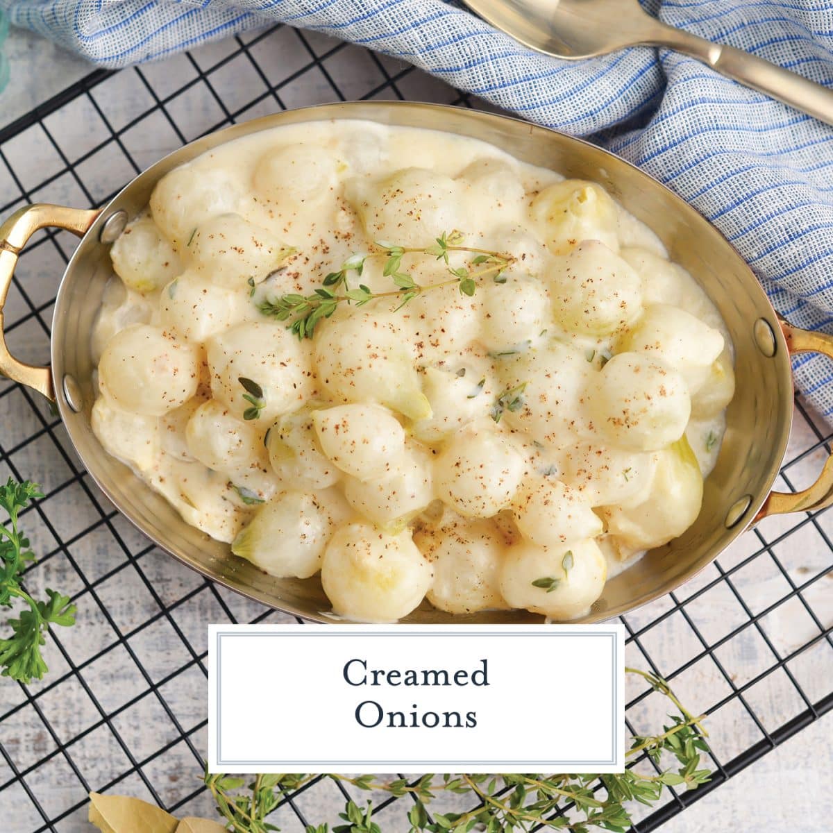 creamed onions with text overlay for facebook