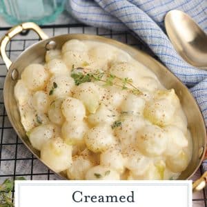creamed onions with text overlay for pinterest