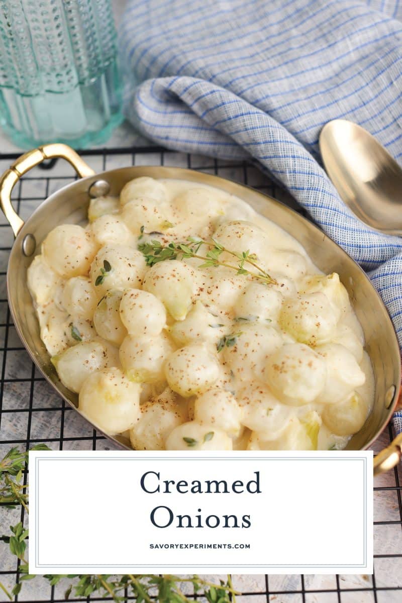 creamed onions with text overlay for pinterest