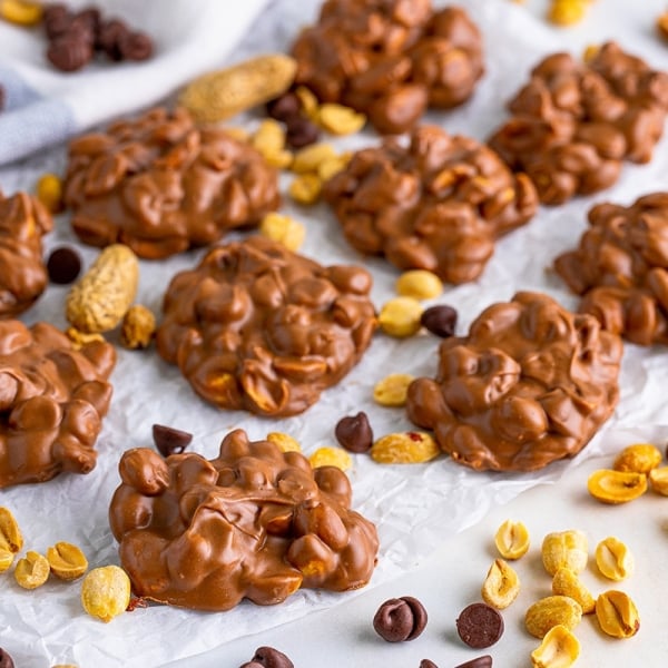 angled shot of crockpot peanut clusters