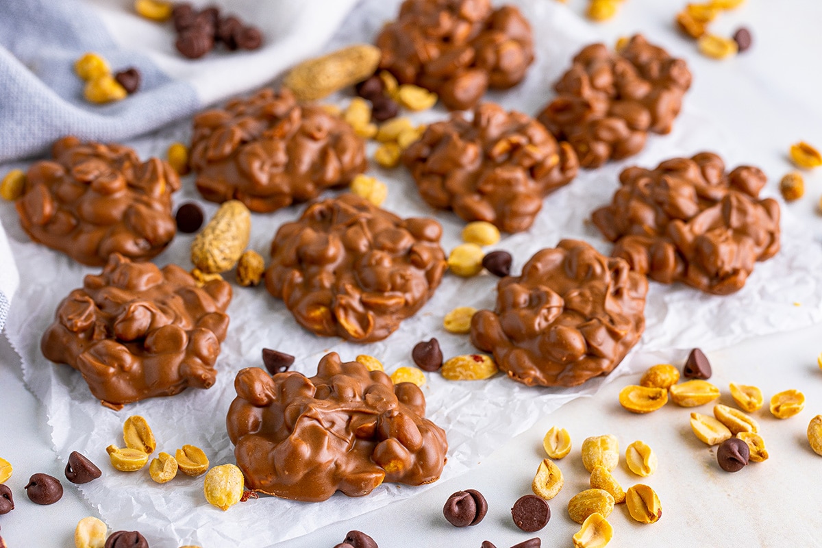 angled shot of crockpot peanut clusters