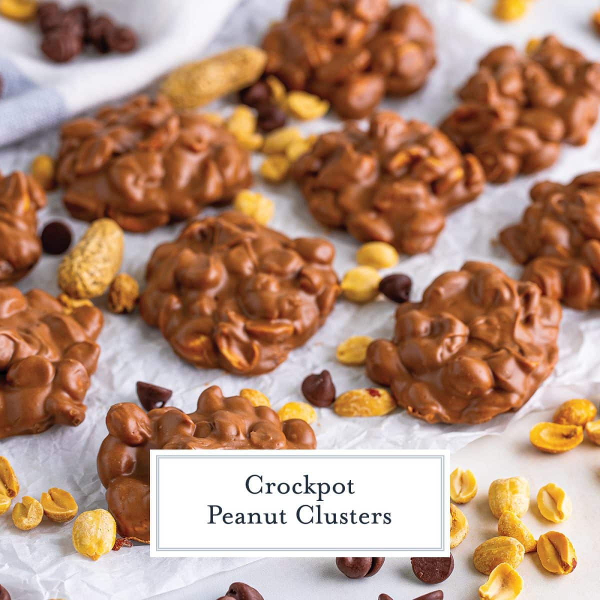 peanut clusters on parchment paper with text overlay for facebook