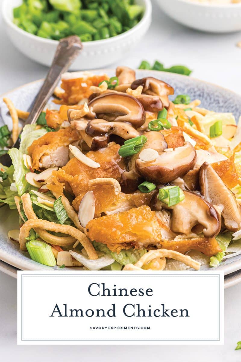 close up of chinese almond chicken with text overlay