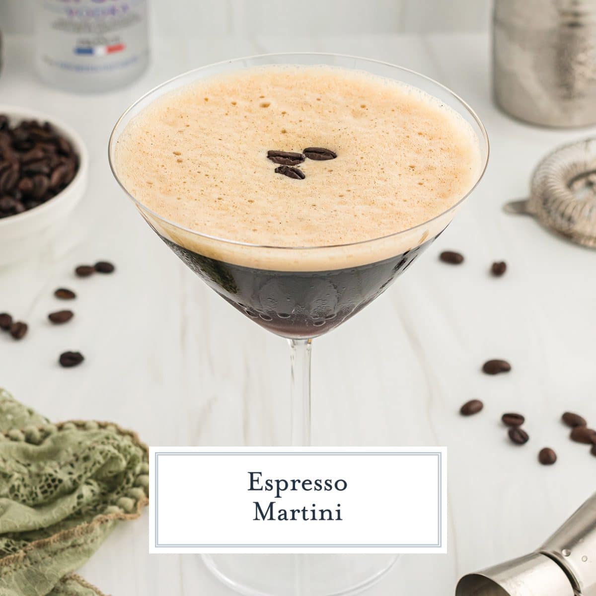 angled shot of a homemade espresso martini with text overlay for facebook