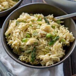 angled shot of bowl of orzo salad