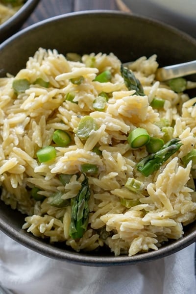 angled shot of bowl of orzo salad