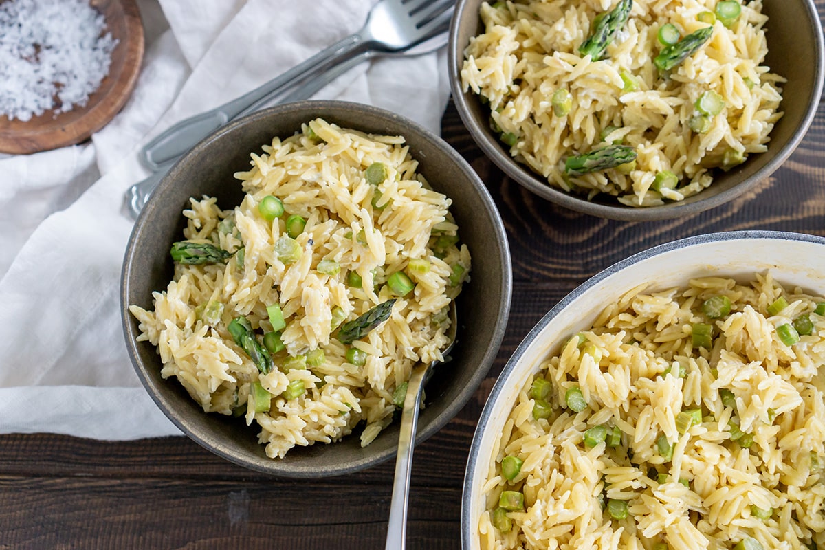 overhead shot of bowl of orzo salad