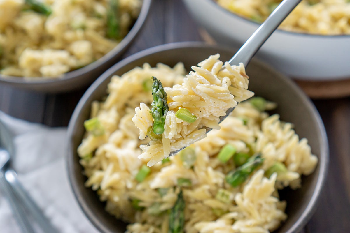 bite of orzo salad on fork