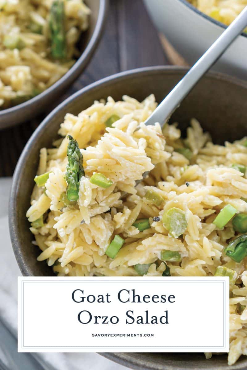 forkful of orzo salad with text overlay for pinterest