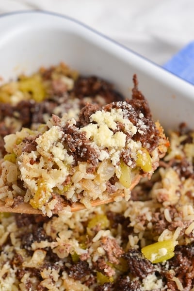 rice dressing on a wooden spoon