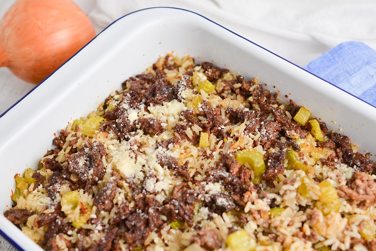 angled shot of rice dressing in a dish