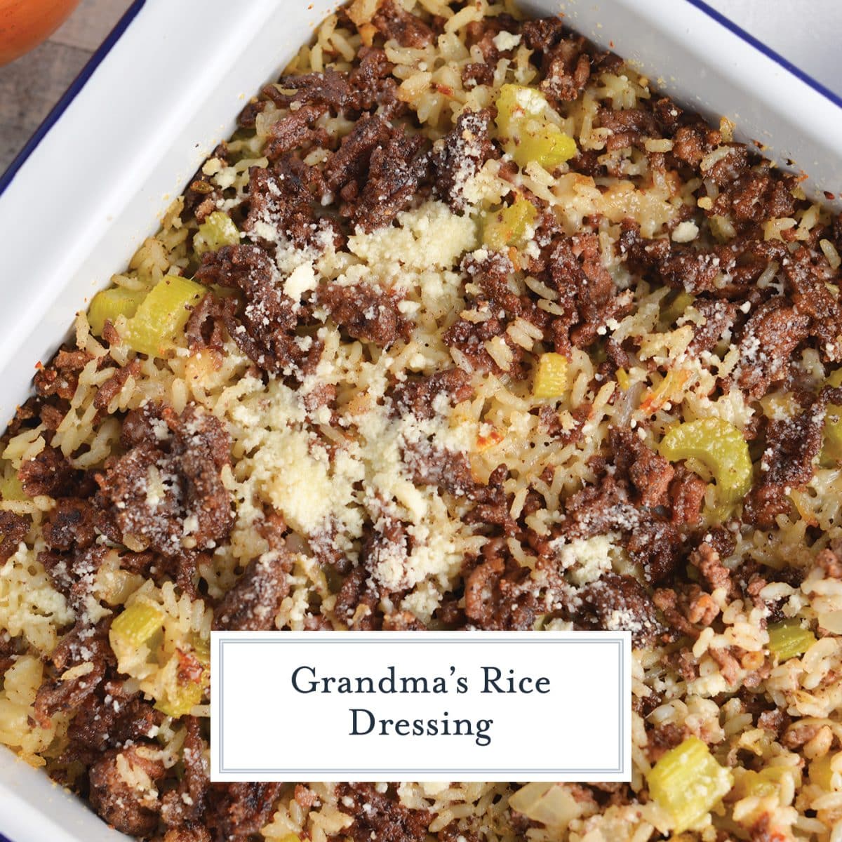 overhead shot of rice stuffing with text overlay for facebook