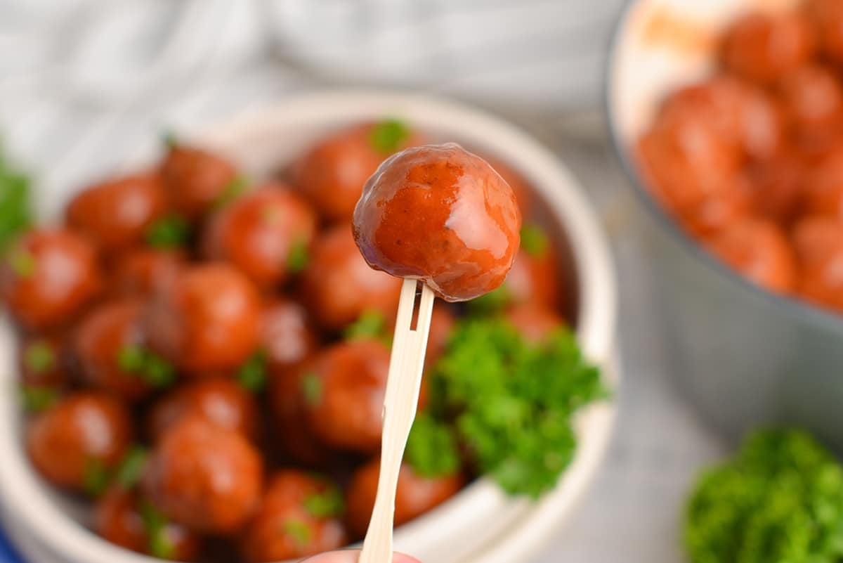 close up meatball on a toothpick