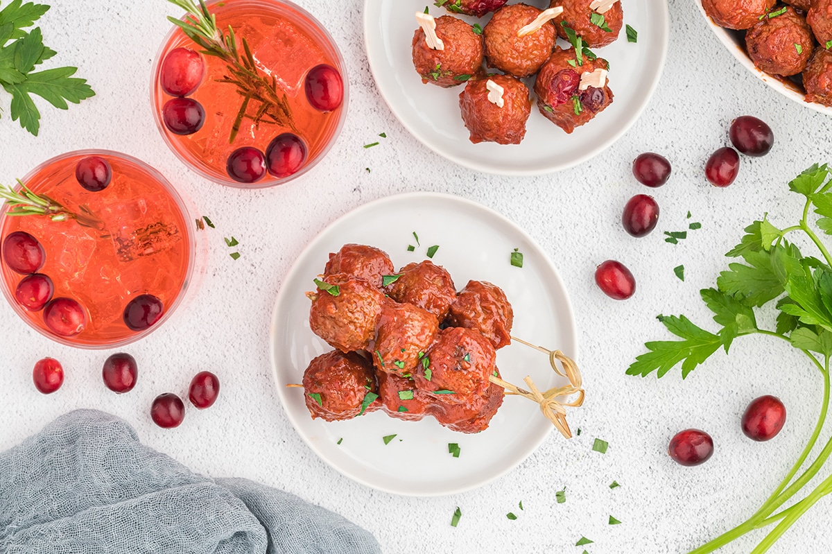 overhead shot of skewers of meatballs