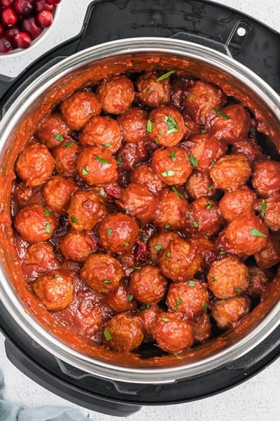 overhead shot of instant pot with meatballs