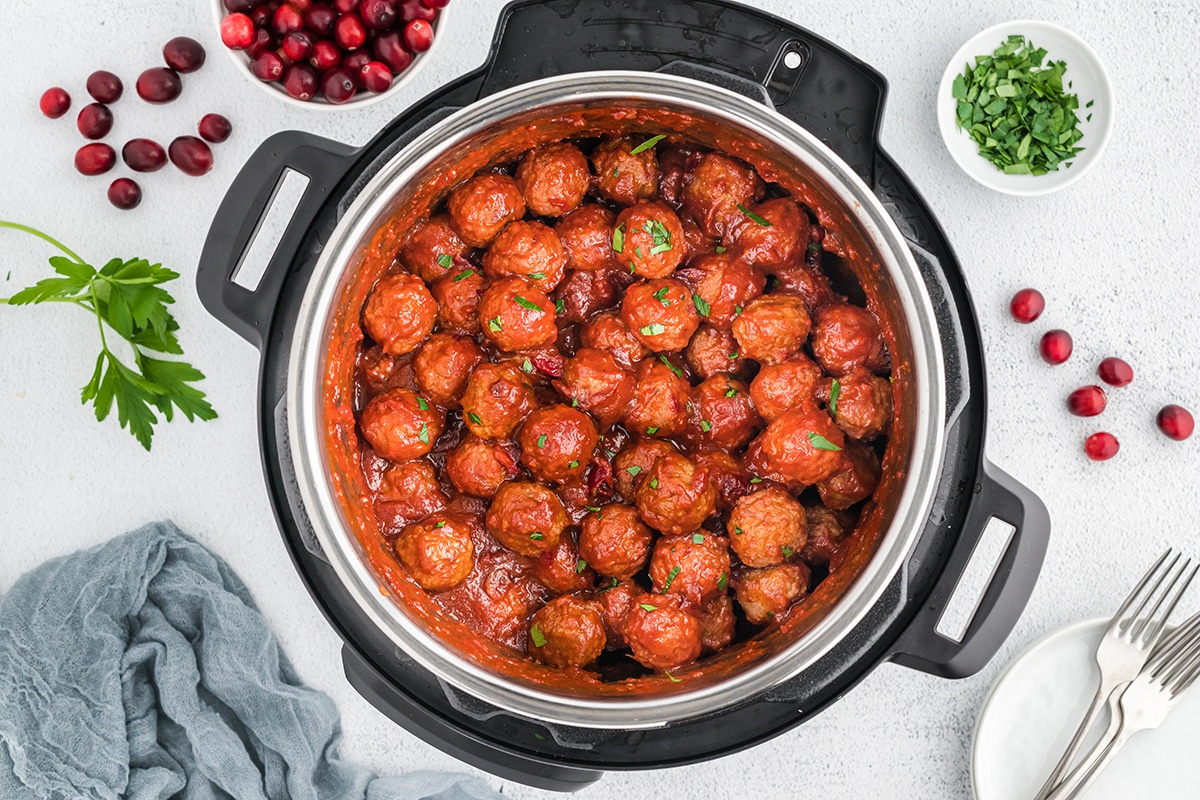 overhead shot of instant pot with meatballs