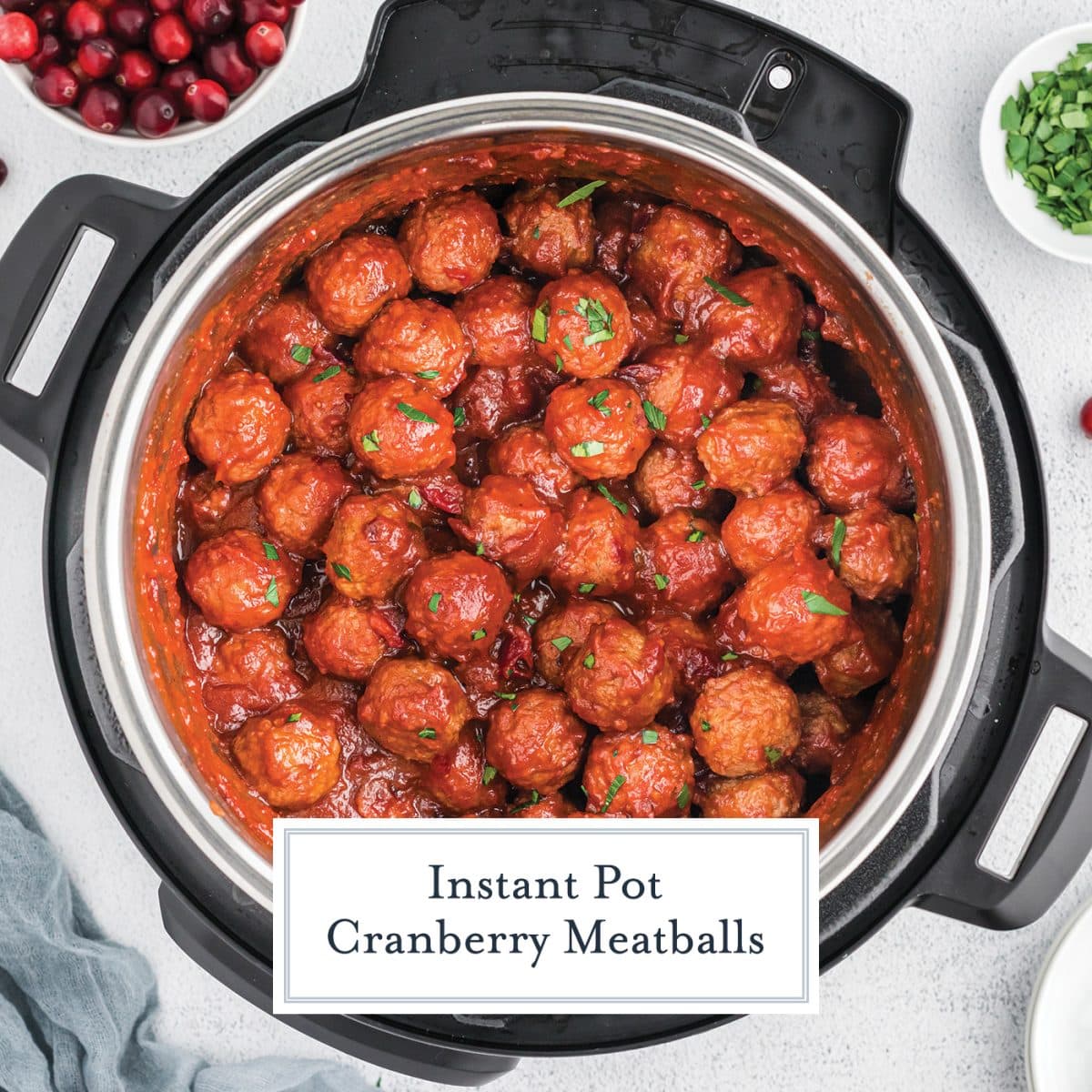 cranberry meatballs in instant pot with text overlay for facebook