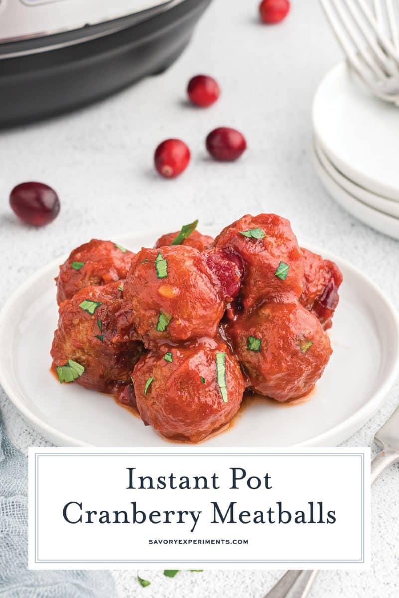 cranberry meatballs on a plate with text overlay for pinterest
