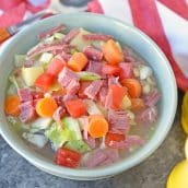 corned beef and cabbage soup in a serving bowl