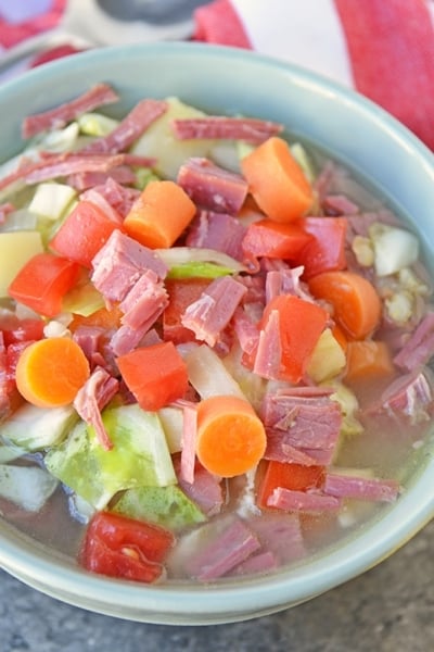 corned beef and cabbage soup in a serving bowl