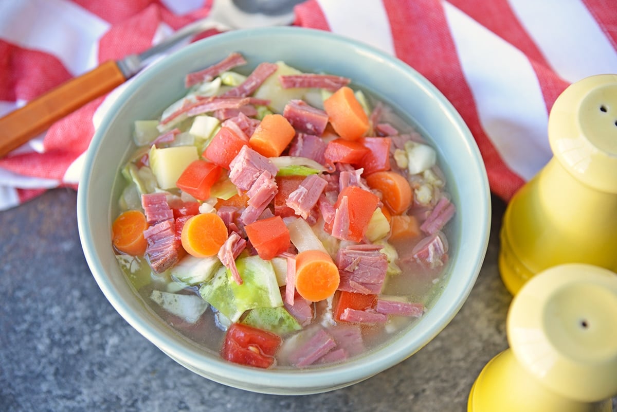 corned beef and cabbage soup in a serving bowl
