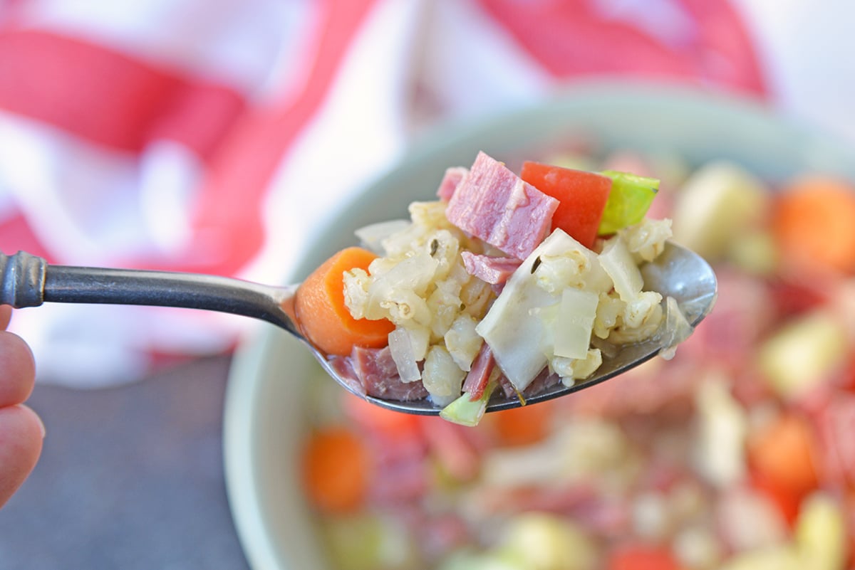 crspoon holding corned beef and cabbage soup