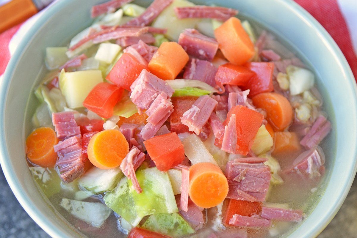 close up of beef and cabbage soup