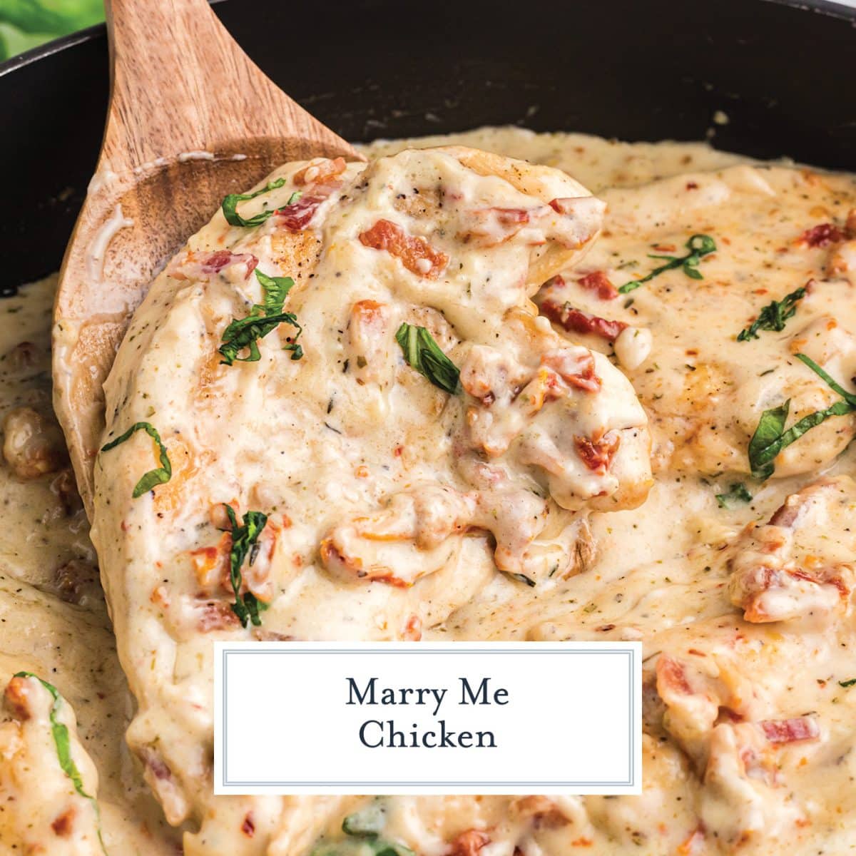 close up of marry me chicken on spoon with text overlay for facebook