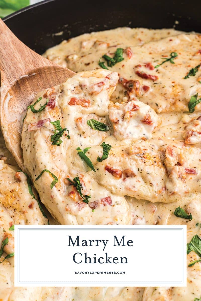 close up of marry me chicken on a spoon with text overlay for pinterest