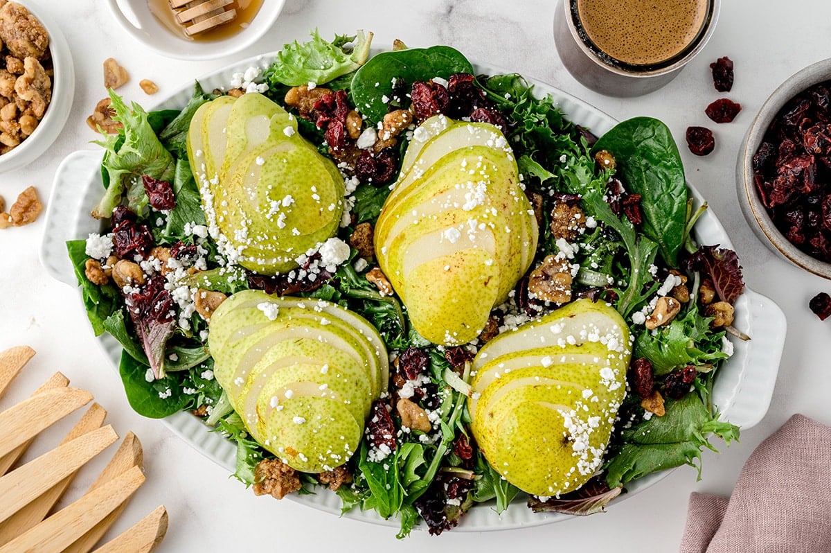 overhead shot of platter of pear salad