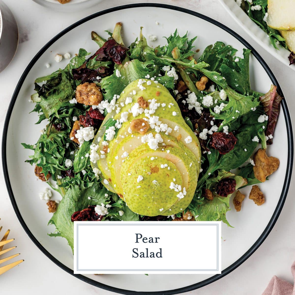 overhead shot of plate of pear salad with text overlay for facebook