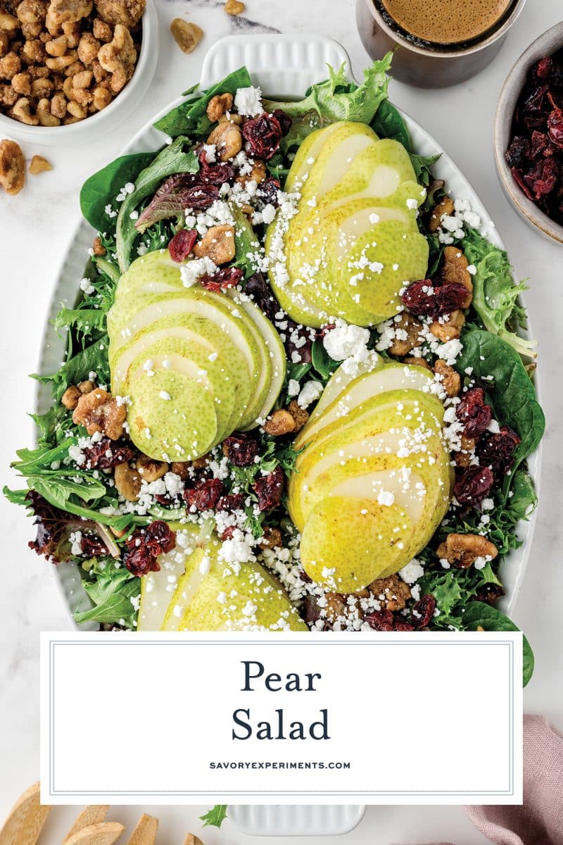 platter of pear salad with text overlay for pinterest