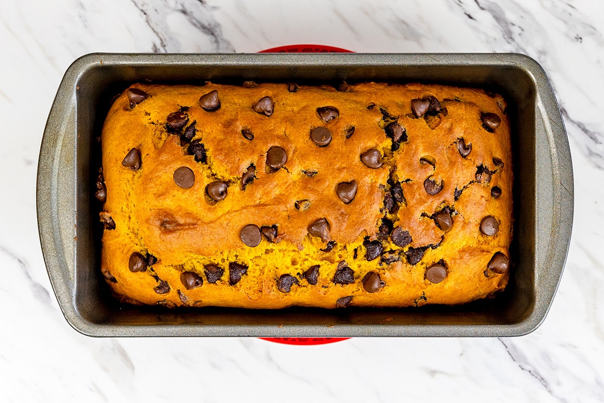 overhead shot of baked loaf of pumpkin bread