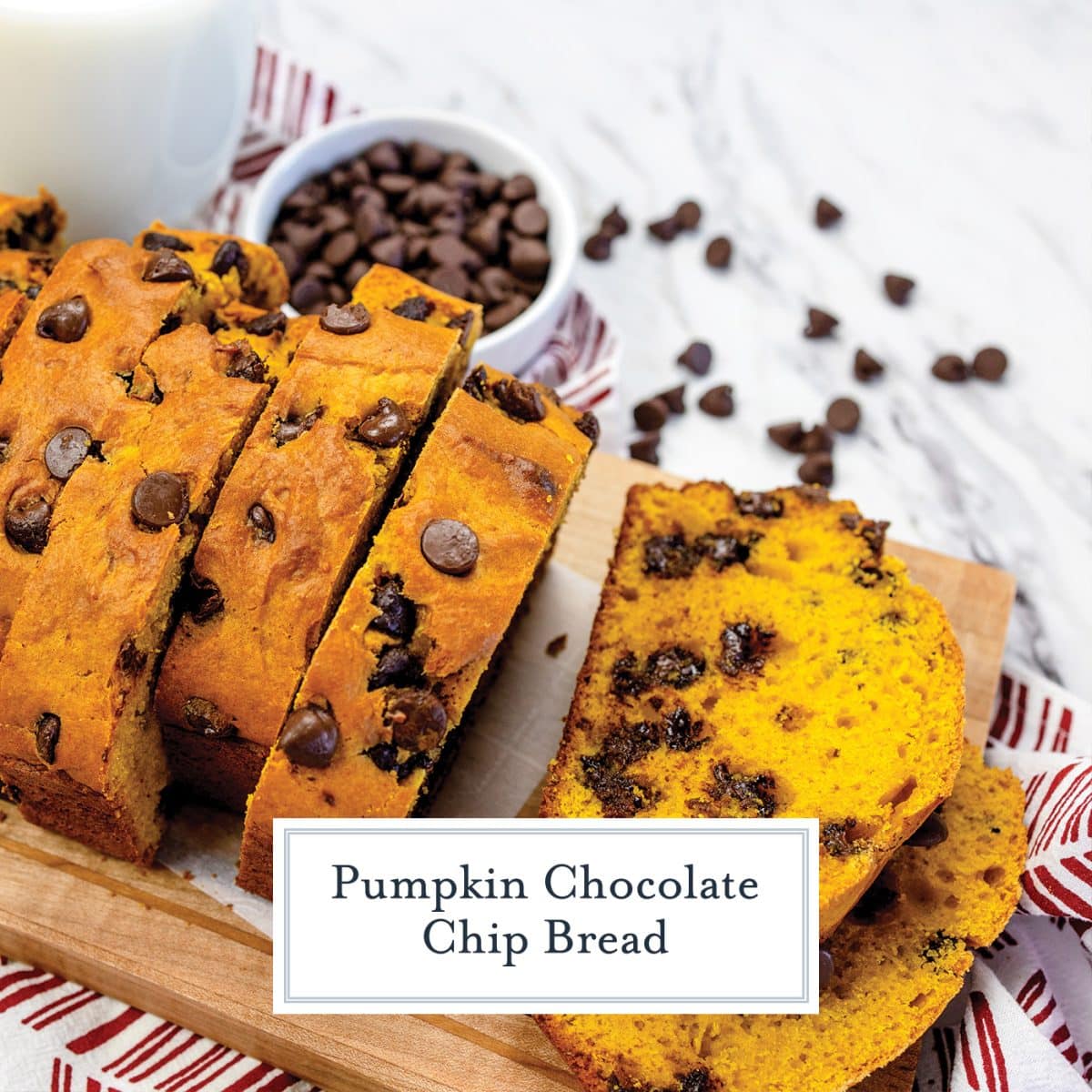 sliced chocolate chip pumpkin bread on a cutting board with text overlay for facebook