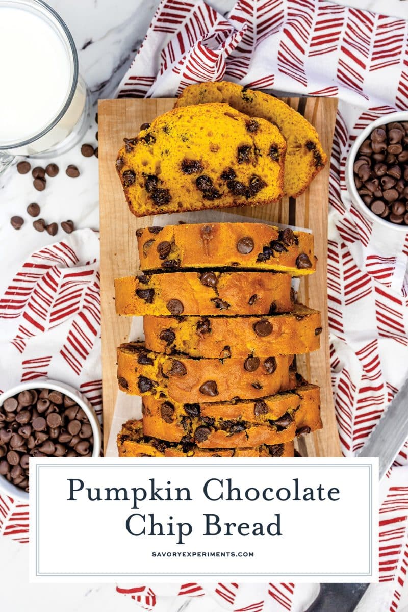 overhead shot of sliced chocolate chip pumpkin bread with text overlay for pinterest