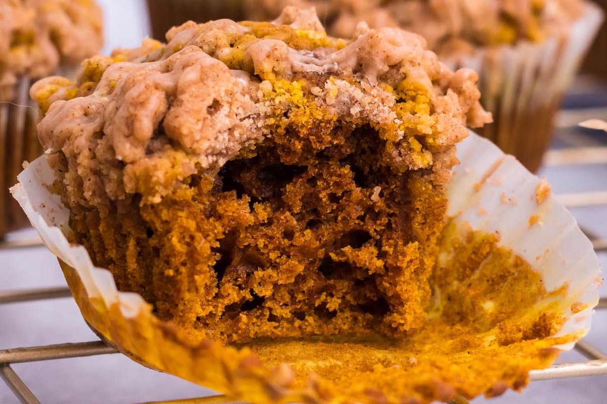 bite taken out of pumpkin muffin