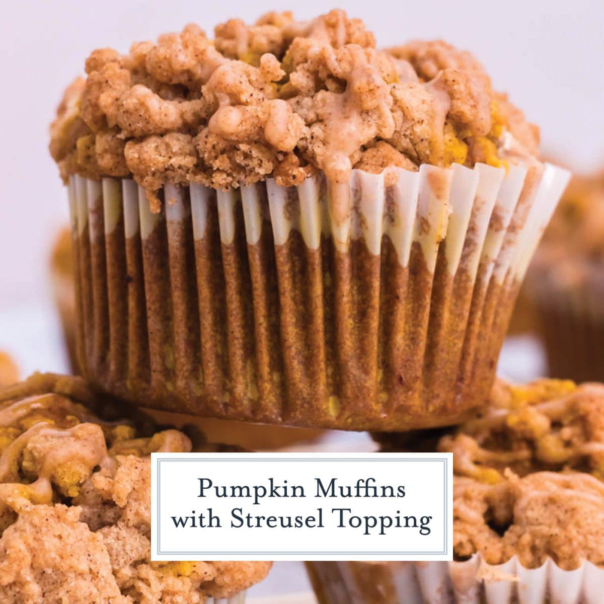 stack of pumpkin muffins with text overlay for facebook