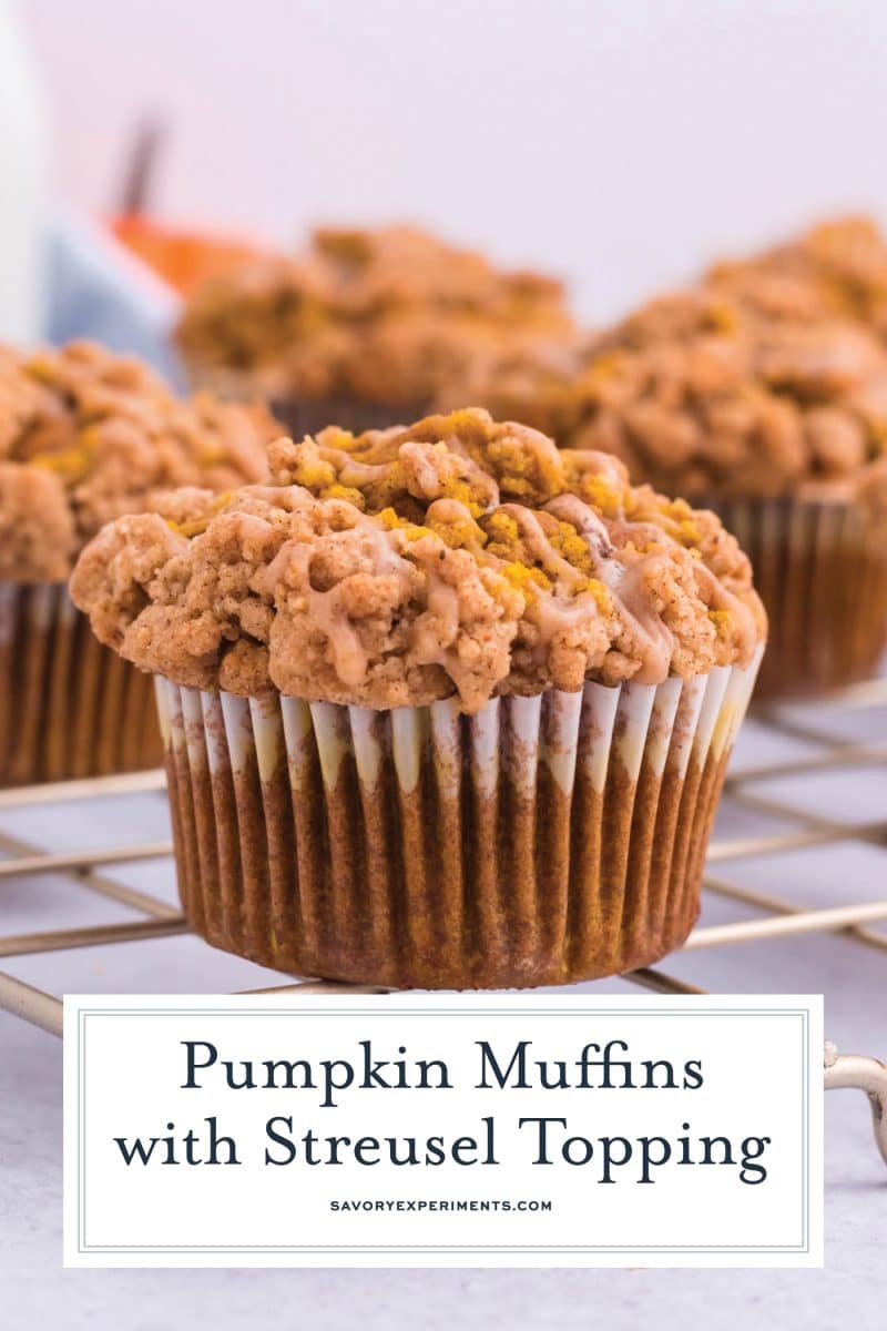 straight on shot of pumpkin muffin with text overlay for pinterest