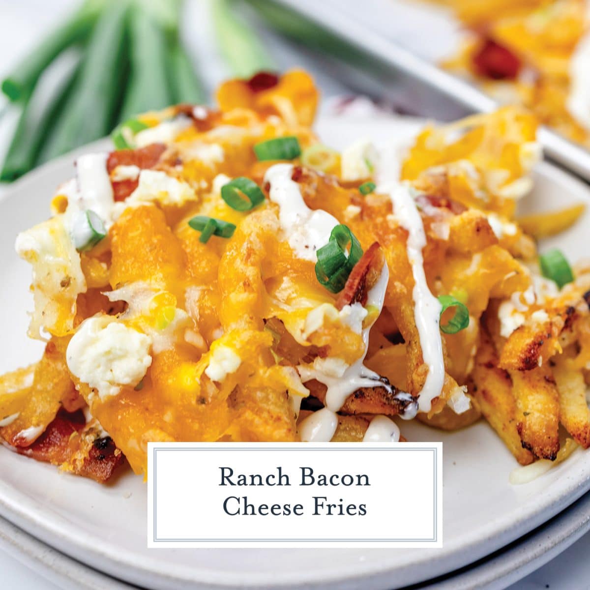 plate of ranch bacon cheese fries with text overlay for facebook