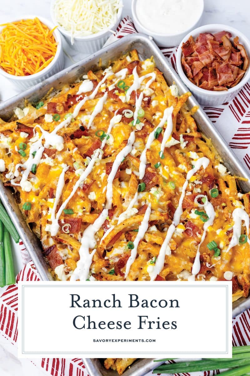 ranch bacon cheese fries on tray with text overlay for pinterest