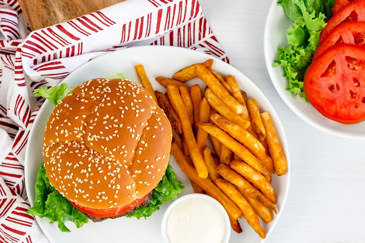 overhead shot of burger and fries