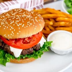 ranch burger on a plate with fries