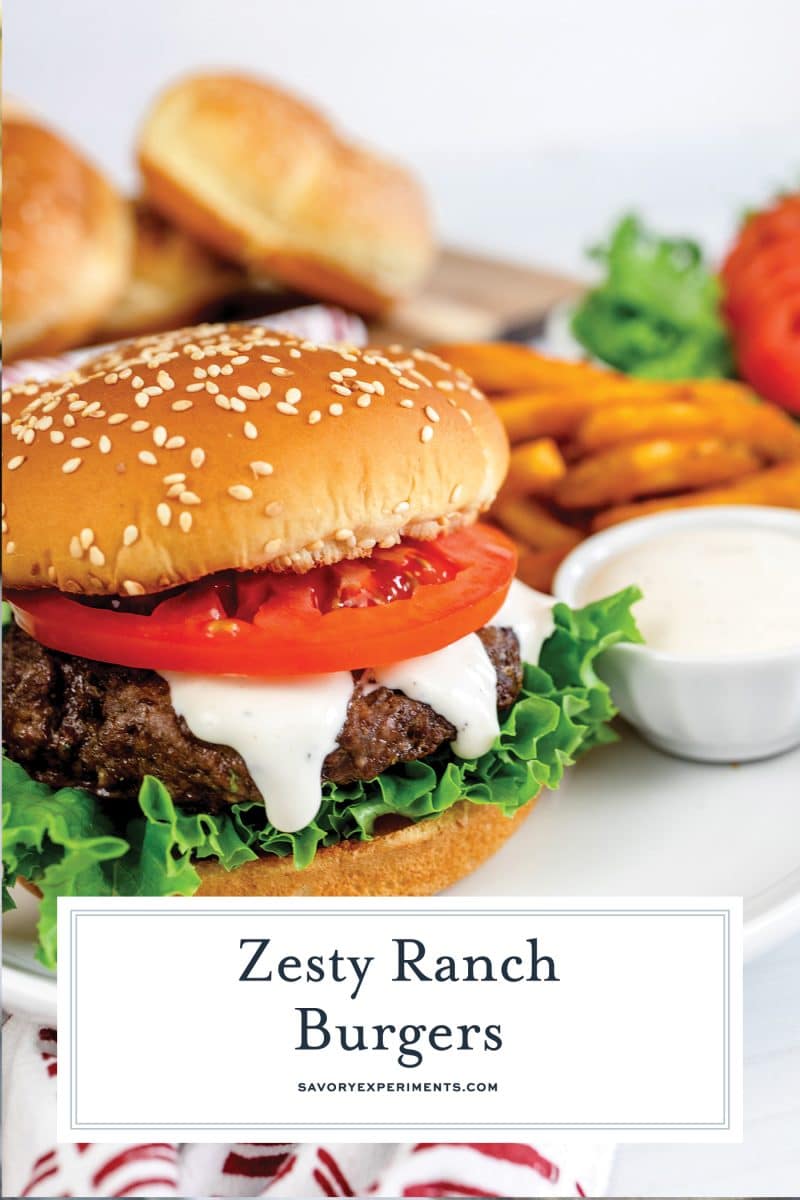 ranch burger with fries with text overlay for pinterest