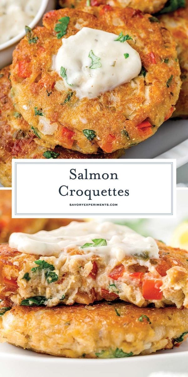 collage of salmon croquettes