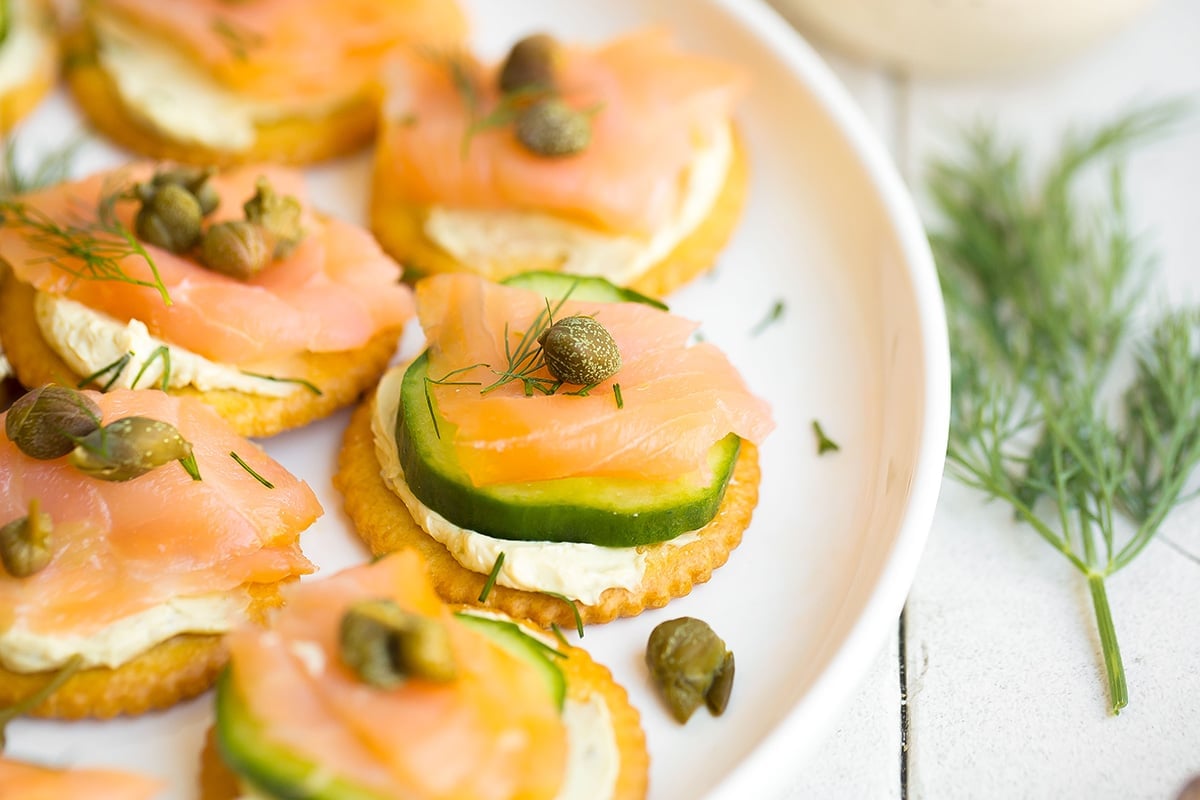 angle close up of salmon crackers