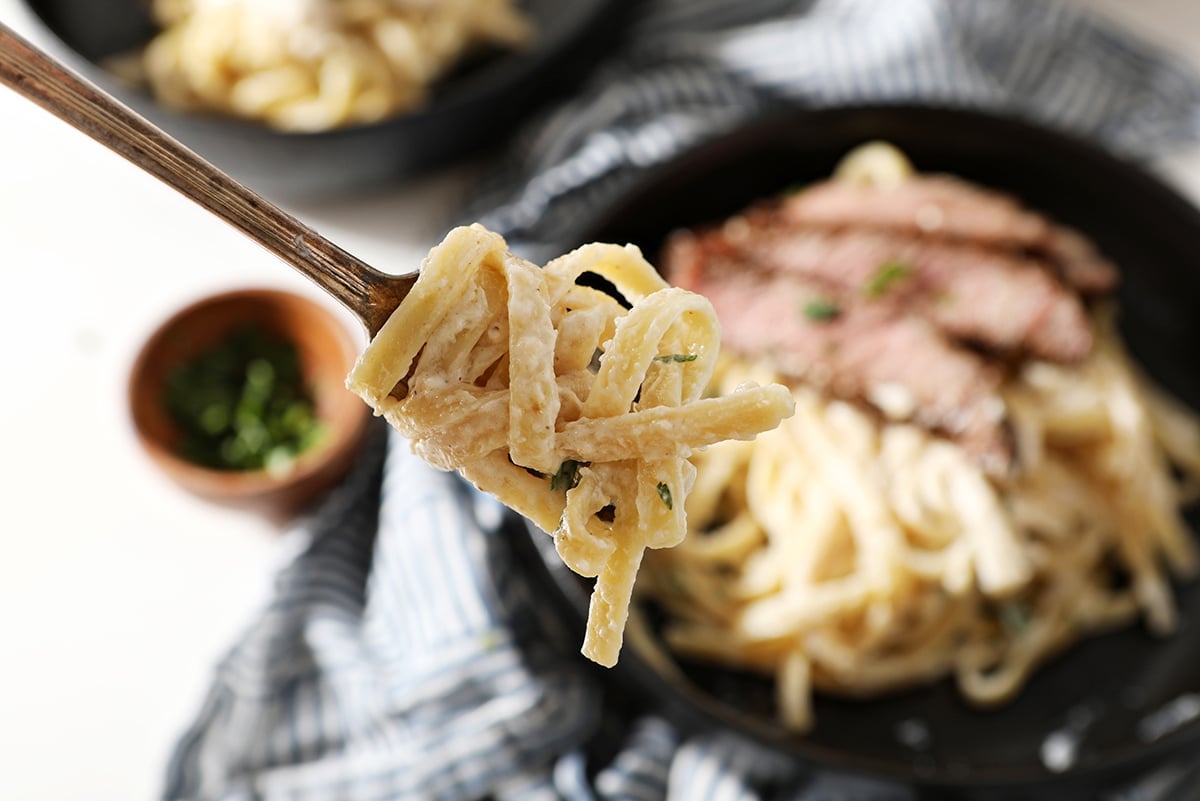 twirl of steak alfredo on fork