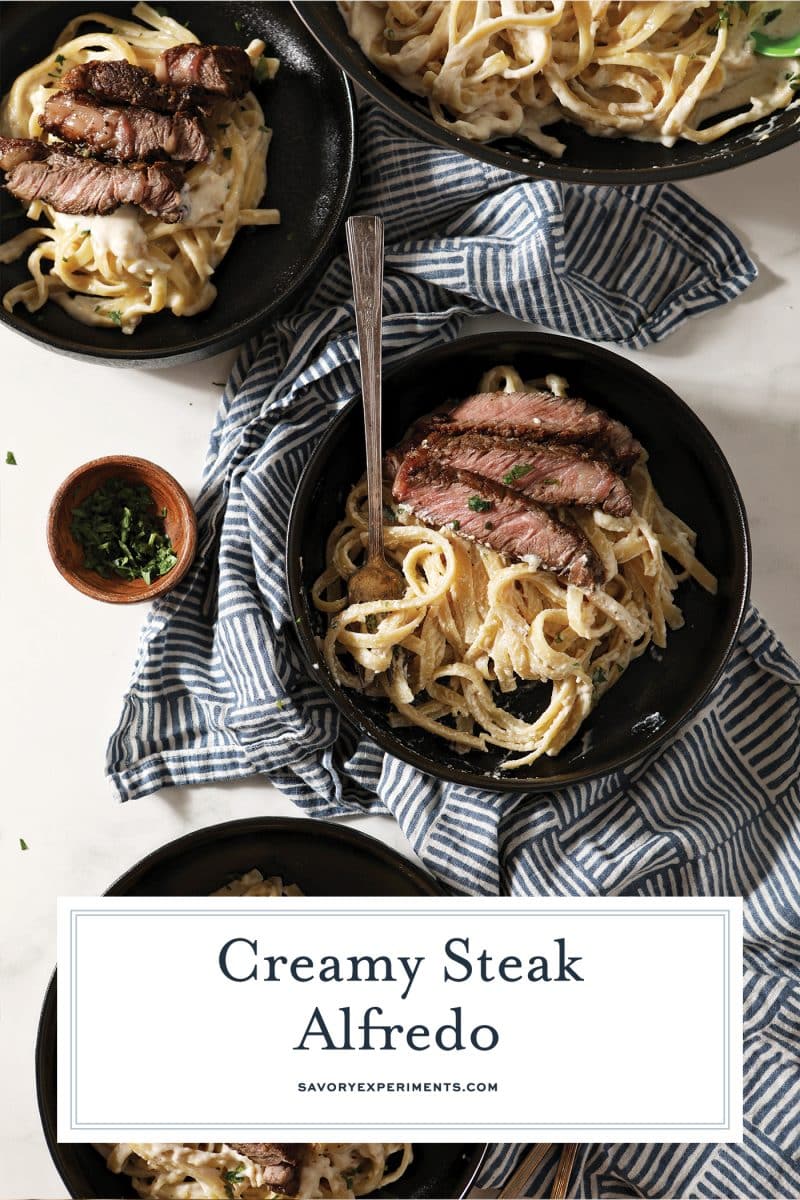 overhead shot of bowls of steak alfredo with text overlay for pinterest